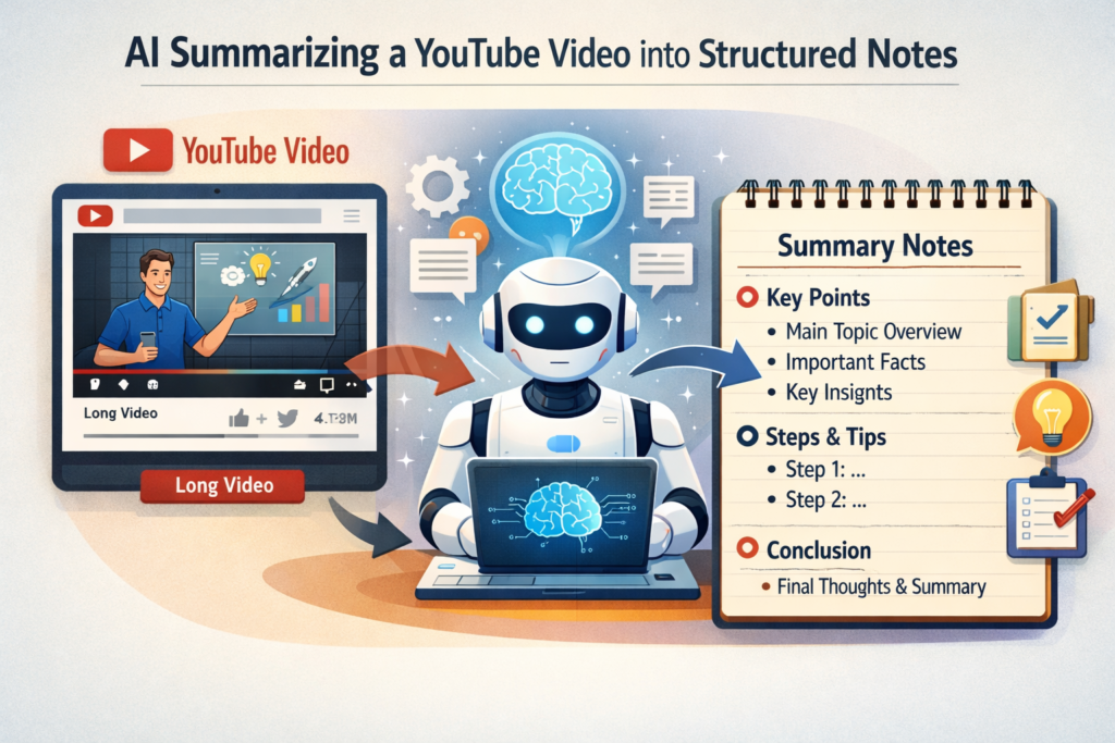 AI summarizing a YouTube video into structured notes