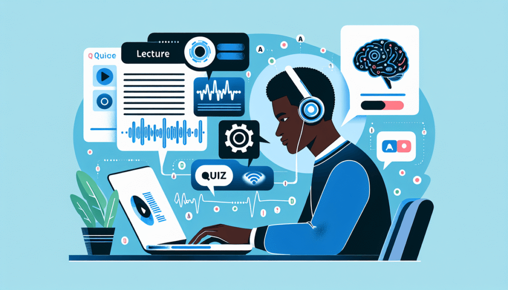 Illustration of automatic quiz generation process showing lecture content being transformed into quiz questions via AI technology