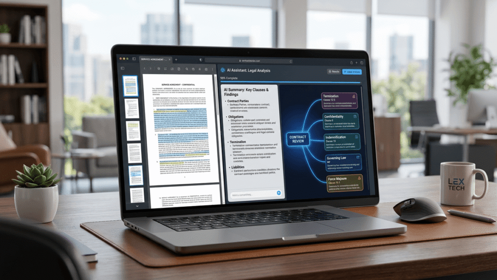 A professional digital interface showing a complex legal contract on the left side being transformed into a clear, bulleted summary and a visual mind map on the right side, set in a modern minimalist office environment.