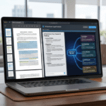 A professional digital interface showing a complex legal contract on the left side being transformed into a clear, bulleted summary and a visual mind map on the right side, set in a modern minimalist office environment.