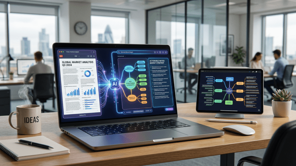 A professional workspace showing a laptop using AI to convert a PDF into a mind map and notes.