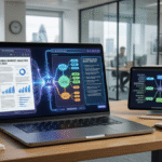 A professional workspace showing a laptop using AI to convert a PDF into a mind map and notes.