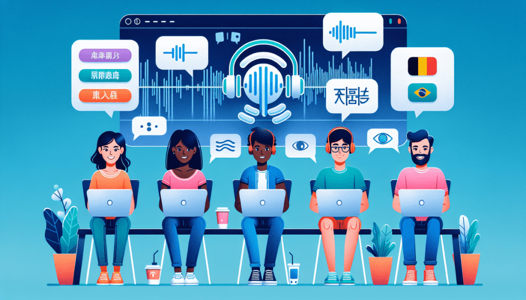 Diverse international students using devices to transcribe lectures in multiple languages with AI-powered transcription technology